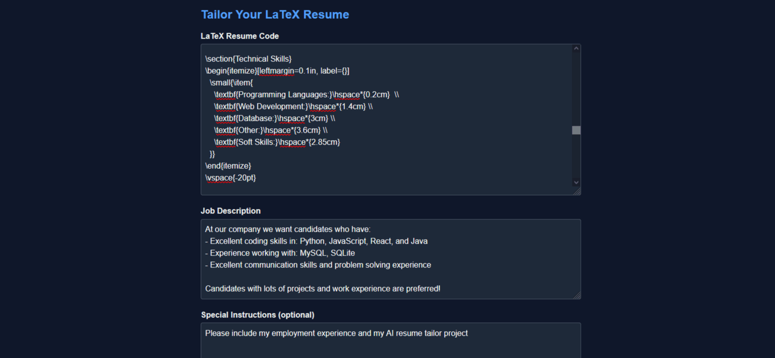 Resume tailoring interface